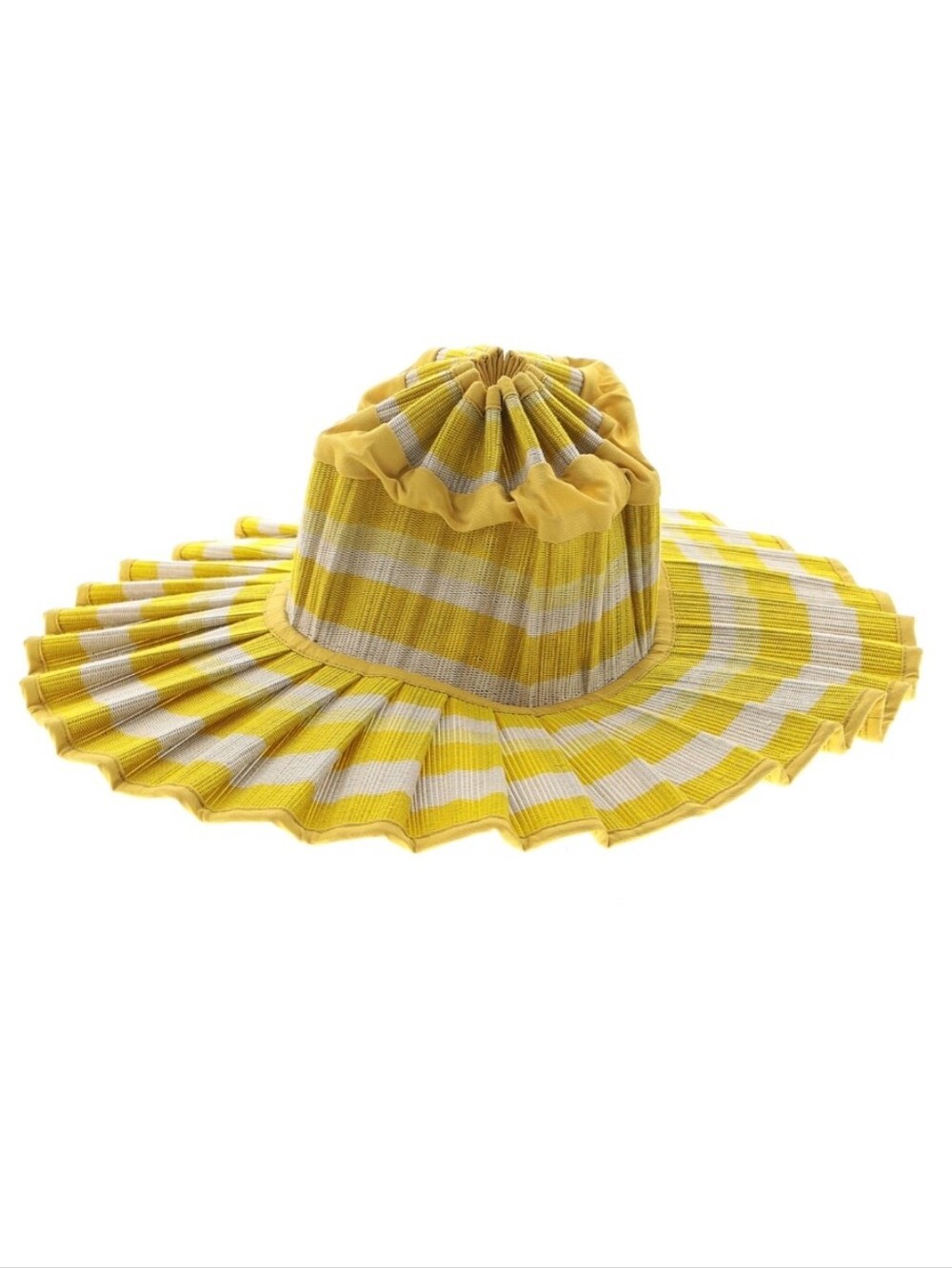 Lorna Murray Yellow Striped Pleated Wide-Brim Sun Hat Medium